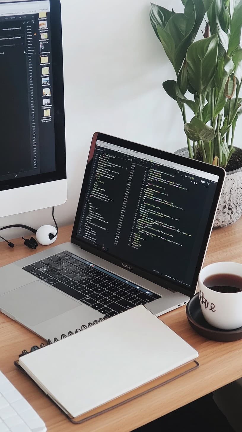Developer desk with two monitors showing code